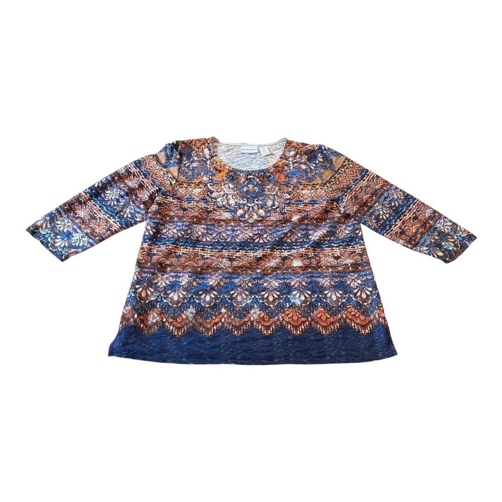 Alfred Dunner Women's L Top Blouse 3/4 Sleeve Paisley Blue Orange Embellished